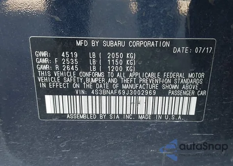 2018 Subaru Legacy 2.5I Premium из США, поврежденный, VIN 4S3BNAF69J3002969